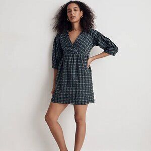 NWT Madewell Marianna Puff-Sleeve Mini Dress in Plaid, Sz XS